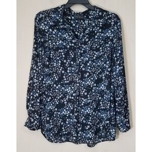 Lane Bryant Blouse 14/16 Sheer Flowy LS Rollup Sleeve Floral Tunic 1/2 Button-Up